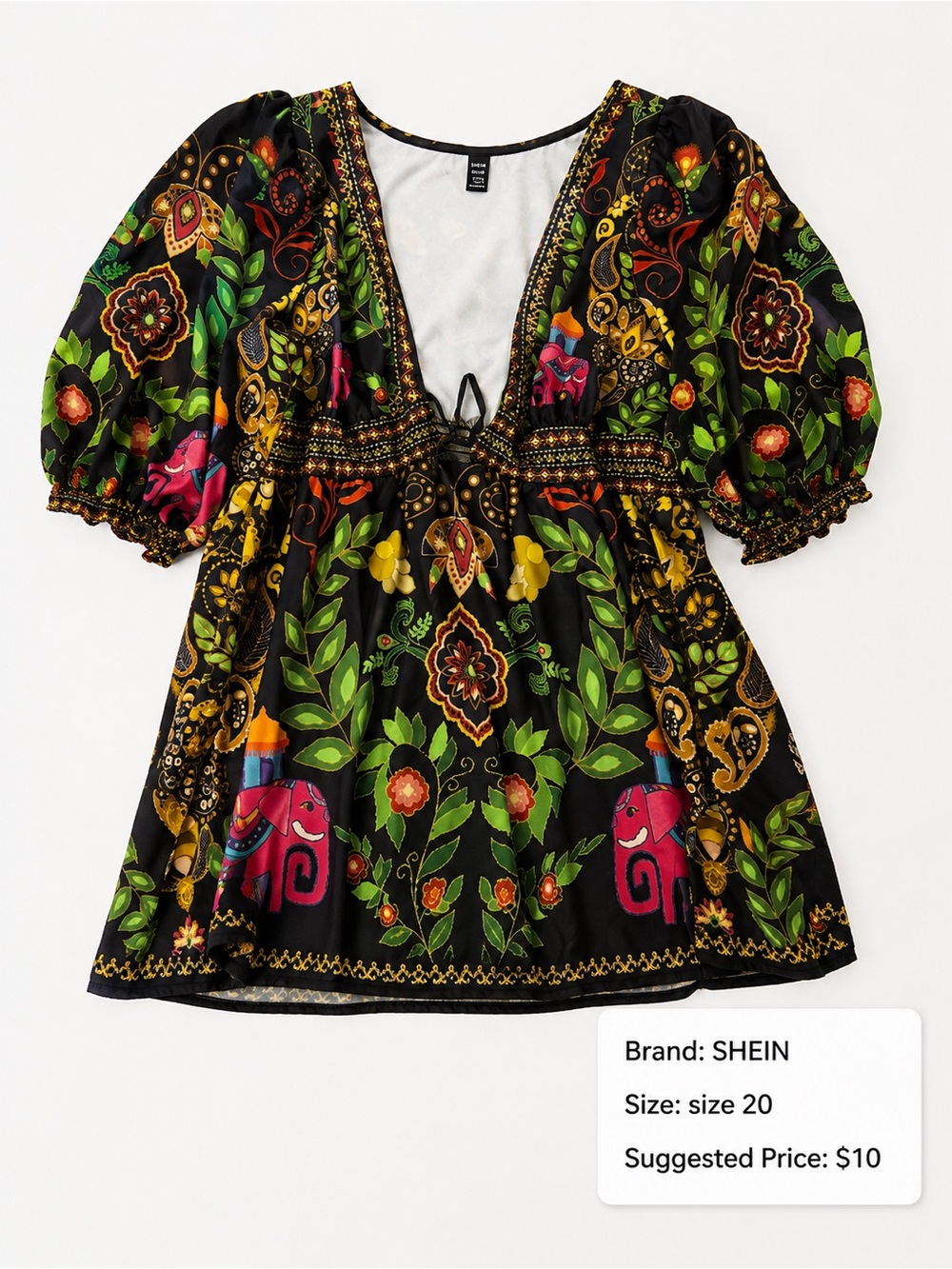 SHEIN Black Floral Paisley Tie-Front Puff Sleeve dress